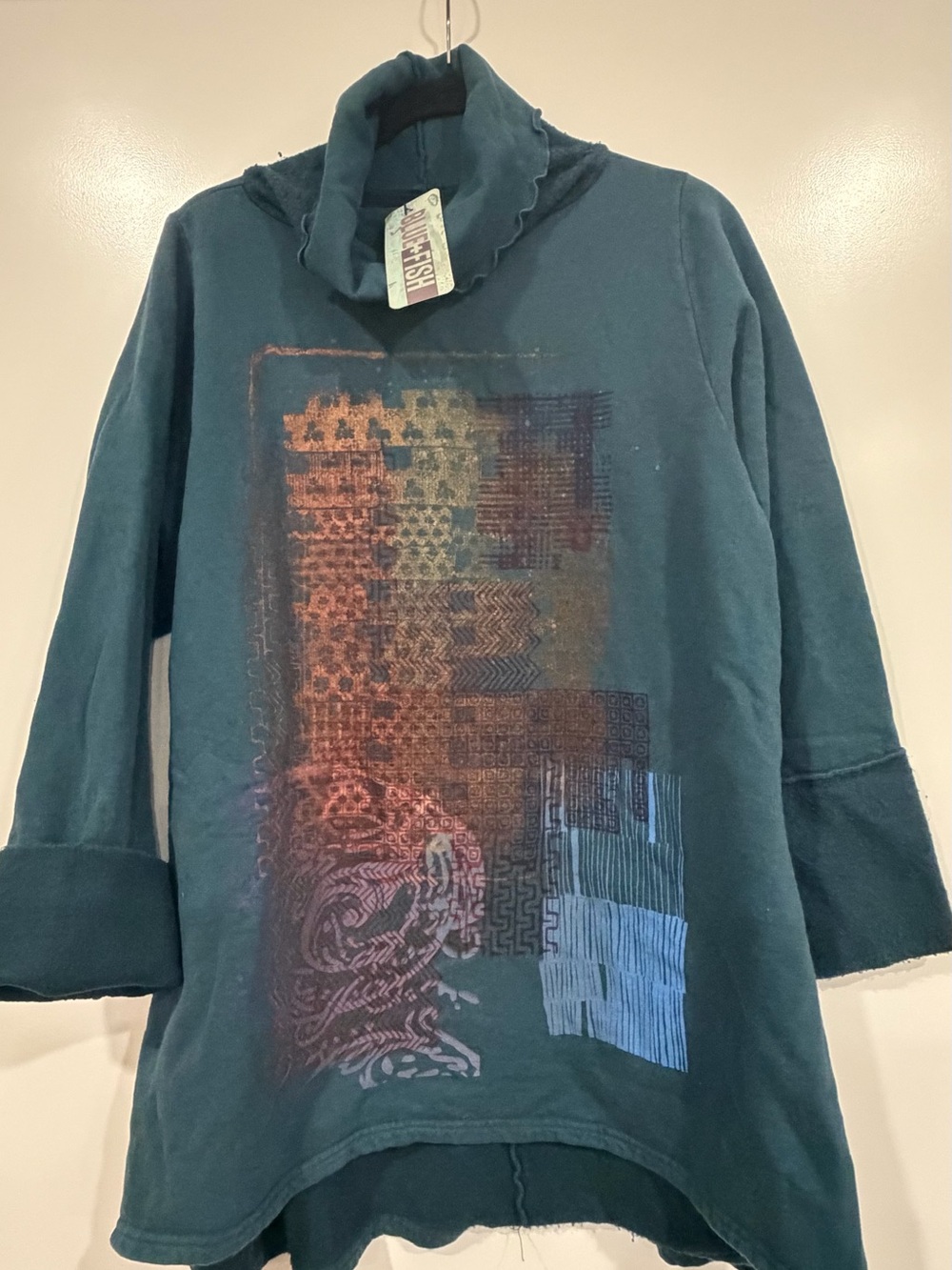 Blue Fish Teal Pullover with Metallic Rust Print